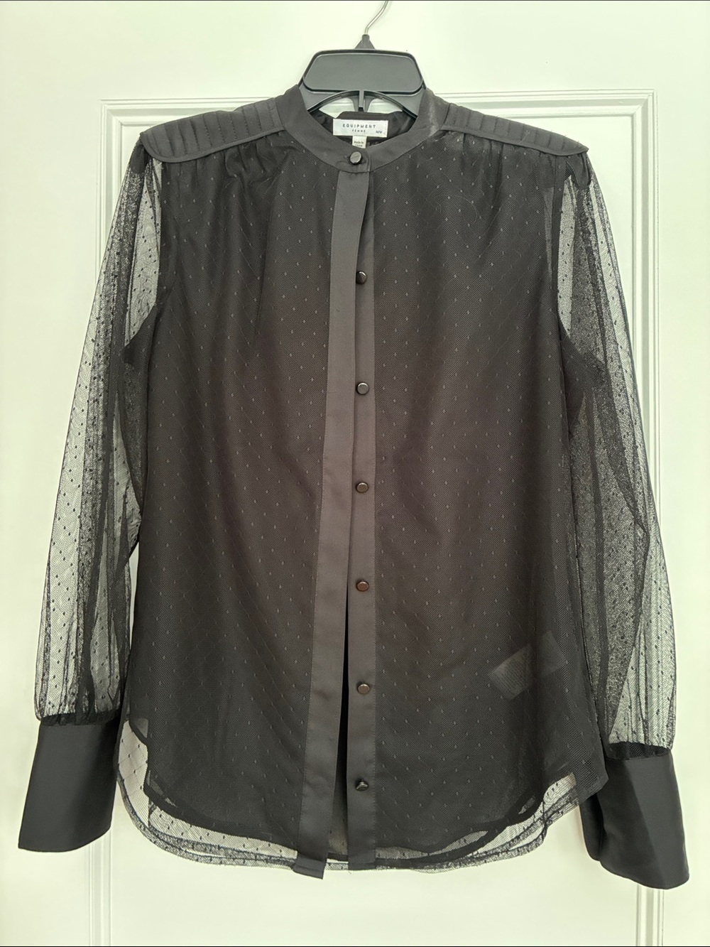 Equipment Black Semi-Sheer Dot-Detail Button-Up Top